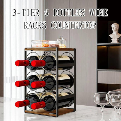 SUOERNUO Wood Countertop Wine Rack No Assembly Needed 6-Bottle Capacity Black & Rustic Brown Metal & Wood Construction Rust-Resistant Powder Coating Freestanding Storage Solution