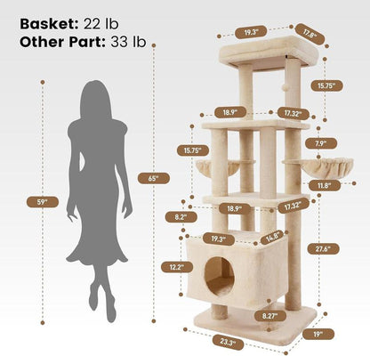 Gardner Pet 65In Heavy Duty Cat Tree Tower for Large Cats, Multi-Level Cat Furniture with Replaceable Sisal Scratching Post, Hammock | Extra-Large Platform & Condo