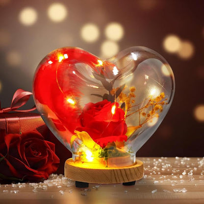 Handmade Rose Heart Glass Case with LED Lights & "I Love You" Necklace in 100 Languages Perfect for Valentine'S Day Anniversaries Birthdays Christmas Gifts for Women