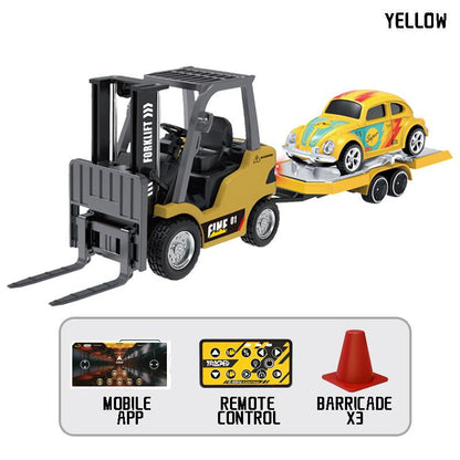 Hotfree 1/64 Mini RC Forklift, Remote Control Excavator, 11 Channel 2 Mode 2.4Ghz Remote Control Alloy Construction Vehicles Set with USB-C Rechargeable, 2 in 1 Transformable Lift Fork & Hook, Birthday Christmas Gift for Kids Adults Boys and Girls
