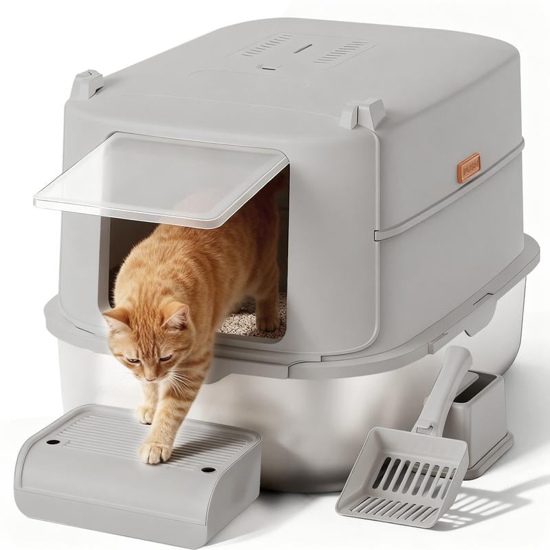 【For Big Cats】Extra Large Stainless Steel Cat Litter Box with Lid XL Enclosed Metal Litter Box for Large Cats, Features High Sidewalls, Removable Cover, Leak-Proof, Non-Stick, Easy to Clean, Beige Color