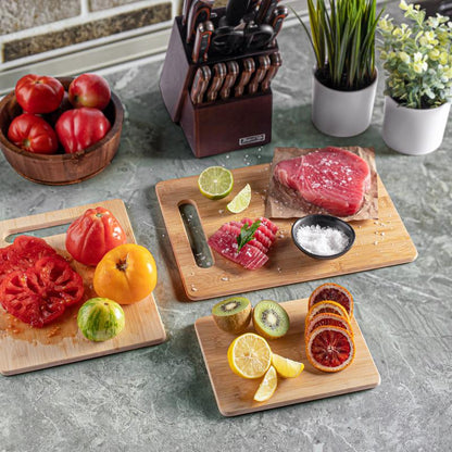 3-Piece Cutting Board Set - Bamboo Wood Chopping Boards with Built-In Hand Grips, Durable & Knife-Safe Wooden Boards for Kitchen Prep & Serving Lightweight