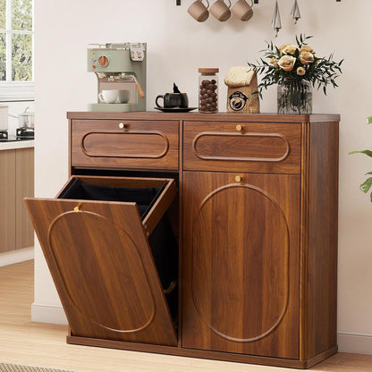 Giratree Tilt Out Trash Can Cabinet, Wood Kitchen Garbage Bin with Drawer, Fluted 10 Gallon Laundry Hamper Cabinet, Farmhouse Hidden Trash Can for Kitchen, Living Room
