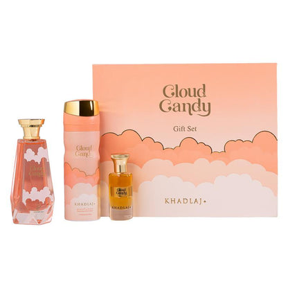 Khadlaj Cloud Candy for Unisex 3 Piece Gift Set (3.4 Ounce, Eau De Parfum Spray + 6.8 Ounce, Perfumed Body Spray + 0.34 Ounce, Eau De Parfum Travel Spray)