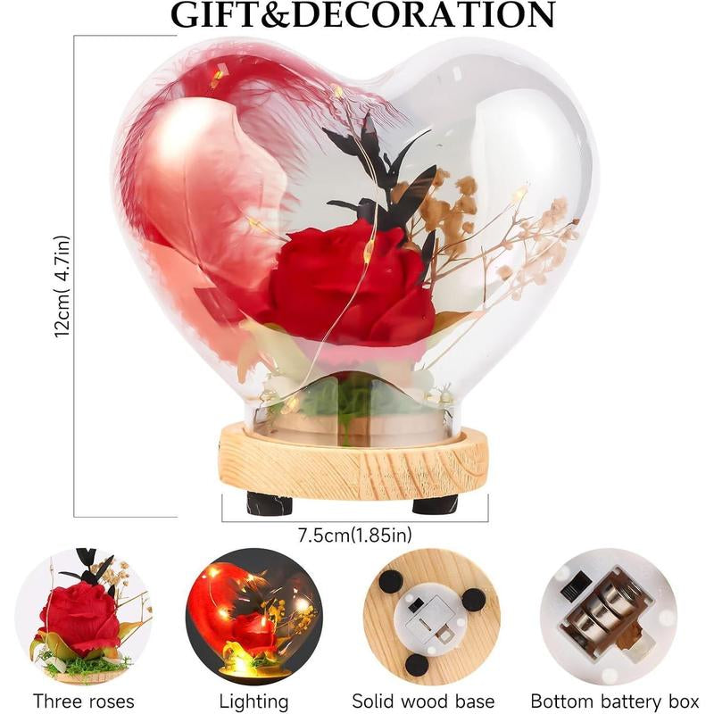Handmade Rose Heart Glass Case with LED Lights & "I Love You" Necklace in 100 Languages Perfect for Valentine'S Day Anniversaries Birthdays Christmas Gifts for Women
