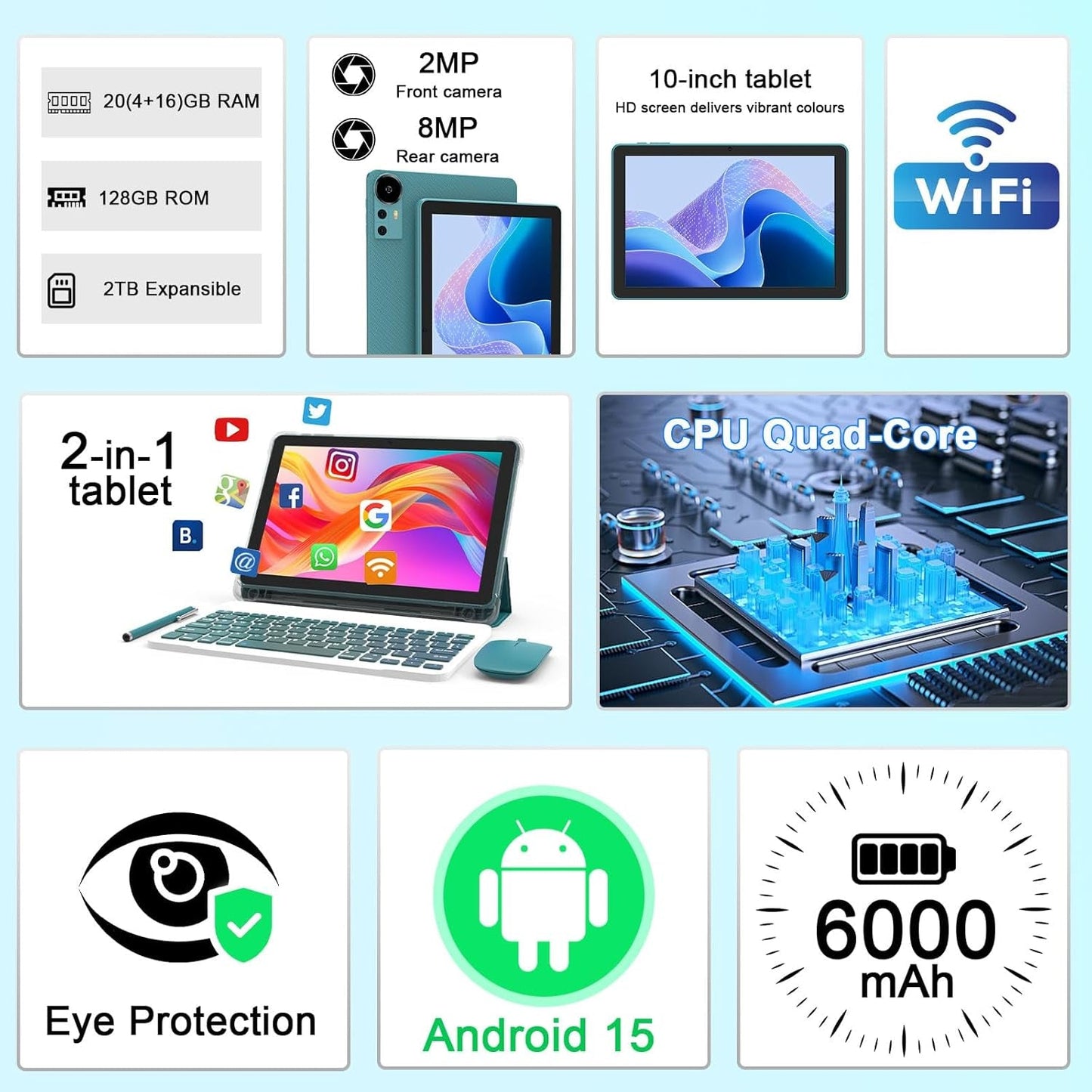 Android 15 Tablet 10 Inch, 20GB RAM+128GB ROM/ 2TB Expandable, 2.0Ghz Quad-Core Processor, 1280*800 HD Screen, 5G Wifi6 BT 5.0, 2 in 1 Tablets with Keyboard Case Mouse Stylus, Widevine L1 Blue