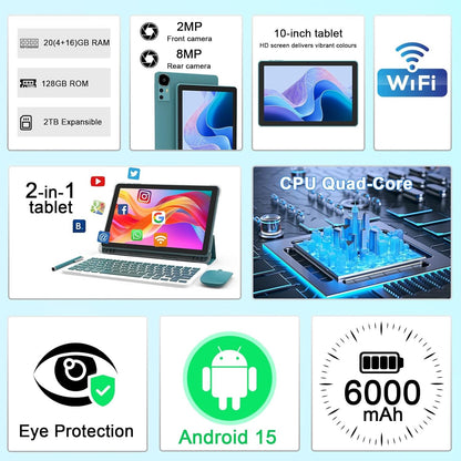 Android 15 Tablet 10 Inch, 20GB RAM+128GB ROM/ 2TB Expandable, 2.0Ghz Quad-Core Processor, 1280*800 HD Screen, 5G Wifi6 BT 5.0, 2 in 1 Tablets with Keyboard Case Mouse Stylus, Widevine L1 Blue