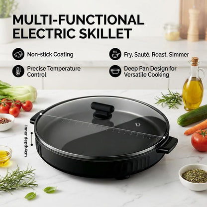 Multi-Functional Electric Skillet & Grill 4Cm Extra Deep Non-Stick Surface Easy to Clean Perfect for Breakfast Pancakes Eggs Daily Cooking