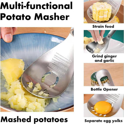 Heavy Duty Food Grade Stainless Steel: Multifunctional Potato Masher with Slotted Spoon & Raw Egg Separator, Durable Kitchen Gadget for Mashing Potatoes, Avocados, Vegetables & Beans, Easy Clean & Dishwasher Safe.