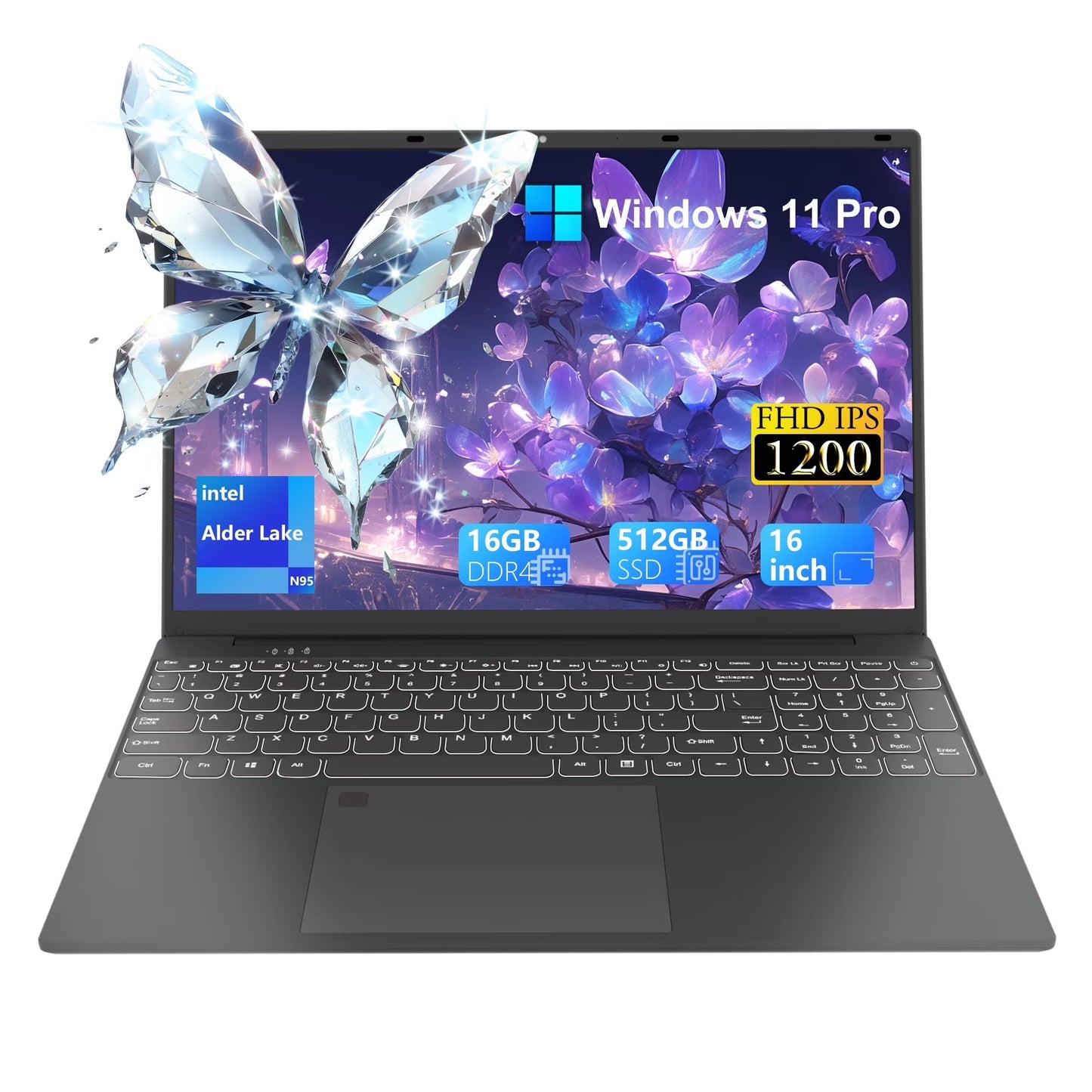 SANPTENT Laptop De 16 Pulgadas Con Windows 11 Pro, 16GB RAM, 512GB SSD Con Intel Alder Lake N95 De 4 Núcleos, Pantalla IPS FHD 1920X1200, Huella Digital, Teclado Retroiluminado, Ultradelgado Y Ligero