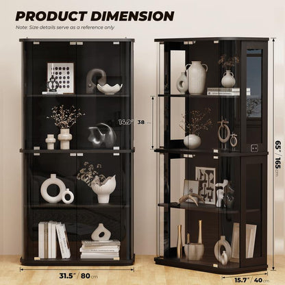 MIIFUNY 65" Rounded Display Cabinet with Glass Door, 4-Tier Curio Cabinet with Transparent Full-Display Surface for Collectibles, Glass Display Case with 3 Color Lights, Human Body Sensor, Black
