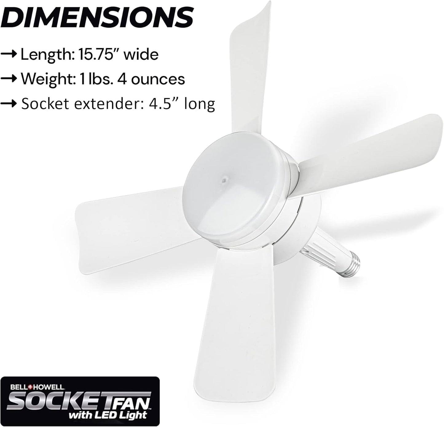 Bell+Howell Socket Breeze Modern Ceiling Fans with LED Lights, 10" LED E26/E27 Screw Base Mini Light Socket Fan with Cord for Bedroom, Living Room, Kitchen, Balcony