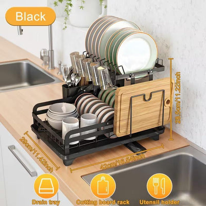 Deristic 2-Tier Stainless Steel Dish Drying Rack with Built-In Drainboard & Utensil Holders for Kitchen Counter Sink Organization Storage Large Capacity