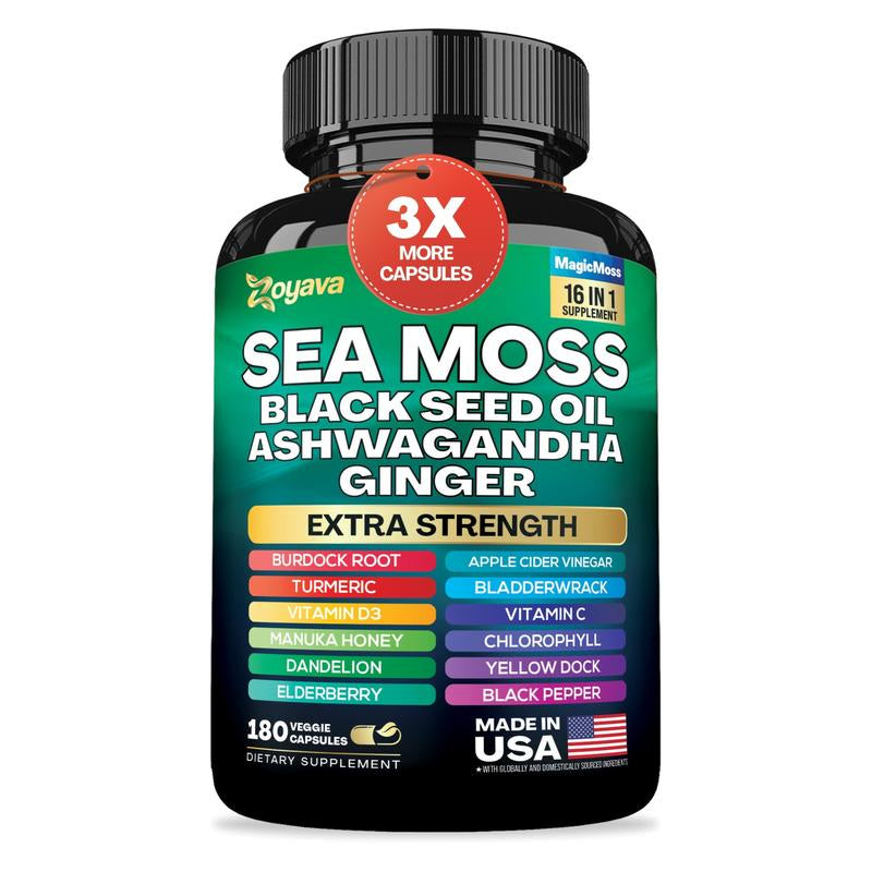 Zoyava Sea Moss Supplement - All-In-One Multivitamin with Black Seed Oil, Ashwagandha & 15+ Extra Strength Ingredients - 60 Capsules - MADE in USA