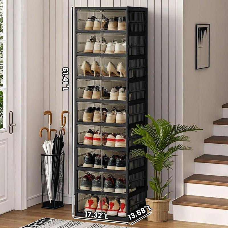 NLDD Extra-Wide & Tall 9-Tier Shoe Cabinet Holds 18 Pairs Clear Doors Wheels for Effortless Storage Stackable Reinforced Frame Ventilation Holes