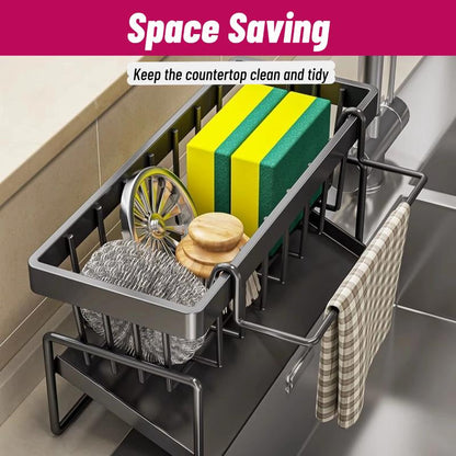 Sponge Holder for Kitchen Sink, Sink Caddy with High Brush Holder, Stainless Steel Dish Sponge with Divider, Dish Soap Dispenser Storage Organizer Racks