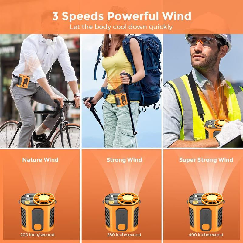 Personal Waist Portable Rechargeable Fan, 8H Runtime, 5000Mah Battery Power Bank，3 Speeds 5300RPM Airflow, LED Light, Wearable Belt Fan for Outdoor, Jobsite, Farms, Traveling, Fishing