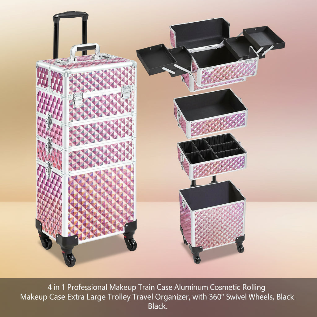4 in 1 Professional Makeup Train Case Aluminum Cosmetic Case Rolling Makeup Case Extra Large Trolley Makeup Travel Organizer, with 360° Swivel Wheels, Black
