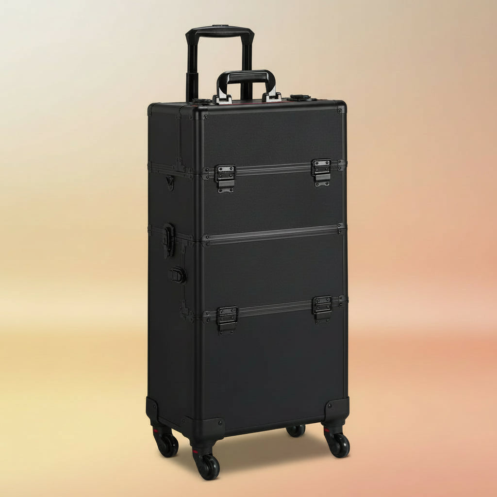 4 in 1 Professional Makeup Train Case Aluminum Cosmetic Case Rolling Makeup Case Extra Large Trolley Makeup Travel Organizer, with 360° Swivel Wheels, Black