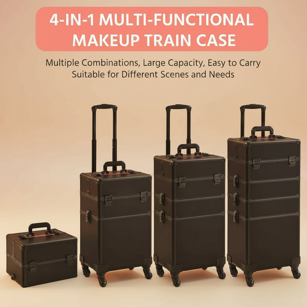 4 in 1 Professional Makeup Train Case Aluminum Cosmetic Case Rolling Makeup Case Extra Large Trolley Makeup Travel Organizer, with 360° Swivel Wheels, Black
