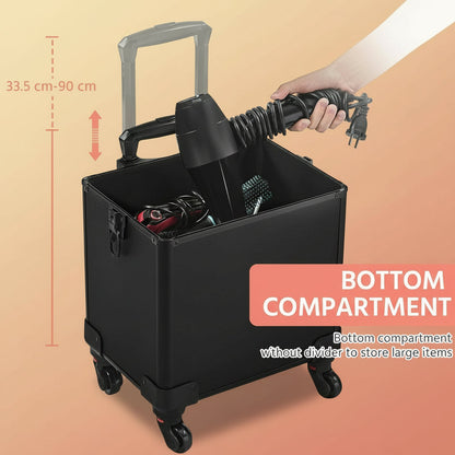 4 in 1 Professional Makeup Train Case Aluminum Cosmetic Case Rolling Makeup Case Extra Large Trolley Makeup Travel Organizer, with 360° Swivel Wheels, Black