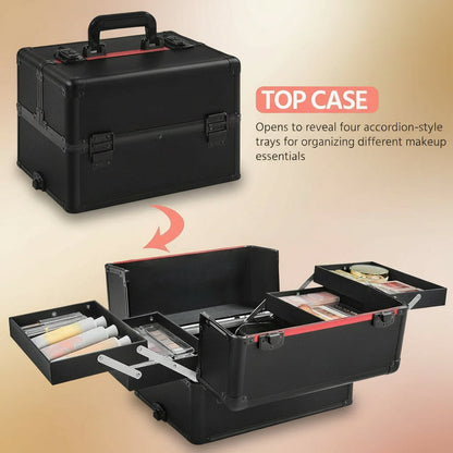 4 in 1 Professional Makeup Train Case Aluminum Cosmetic Case Rolling Makeup Case Extra Large Trolley Makeup Travel Organizer, with 360° Swivel Wheels, Black