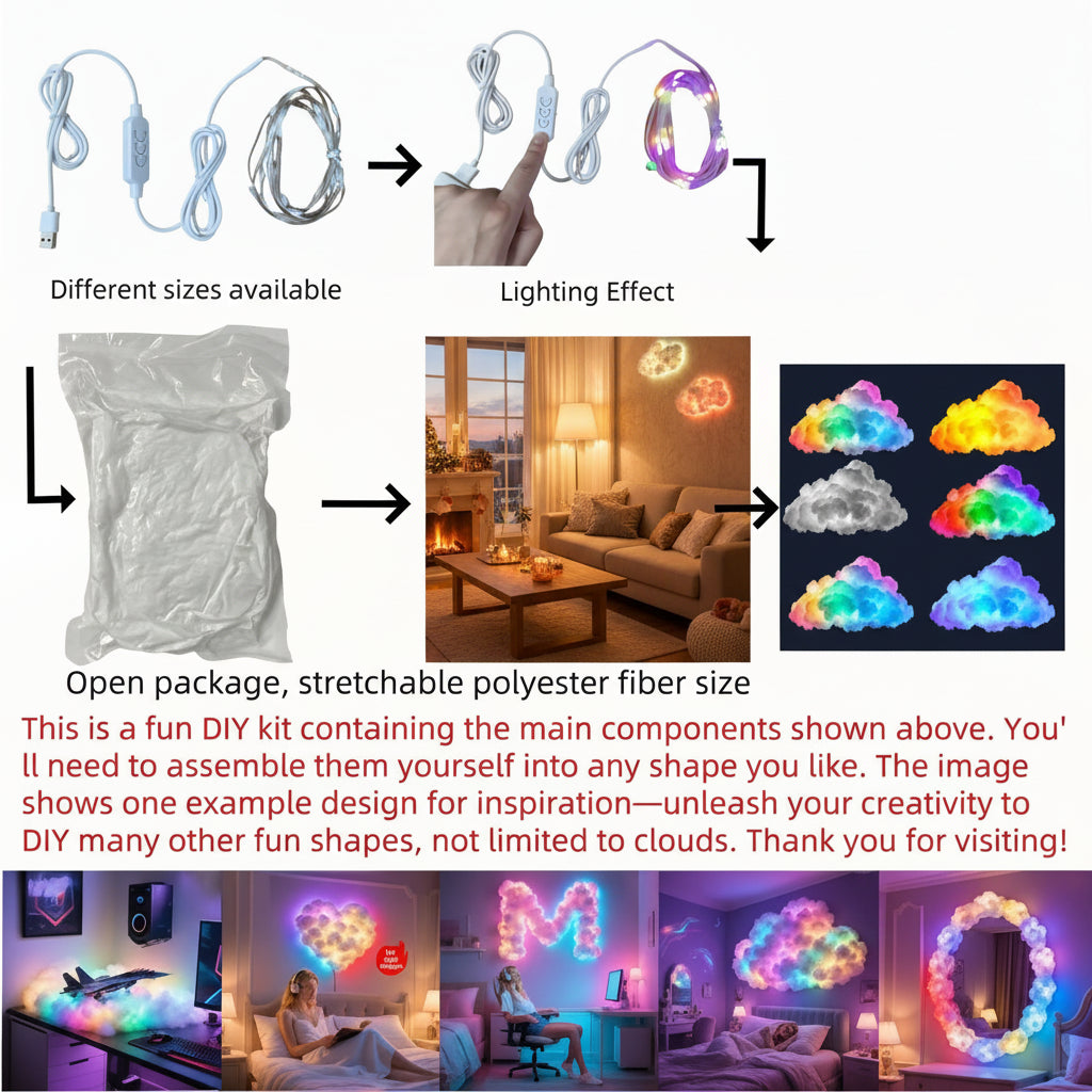 157.48Inled Cloud Light with Music Rhythm, DIY Thundercloud Night Light for Bedroom & Gaming Room - USB Powered, Vibrant Glow, Perfect for Christmas Gifts, Holiday Office, Hotel, Party, Cafe, Bedroom Ambiance | Dynamic Visual Effect | Decorative Lighting
