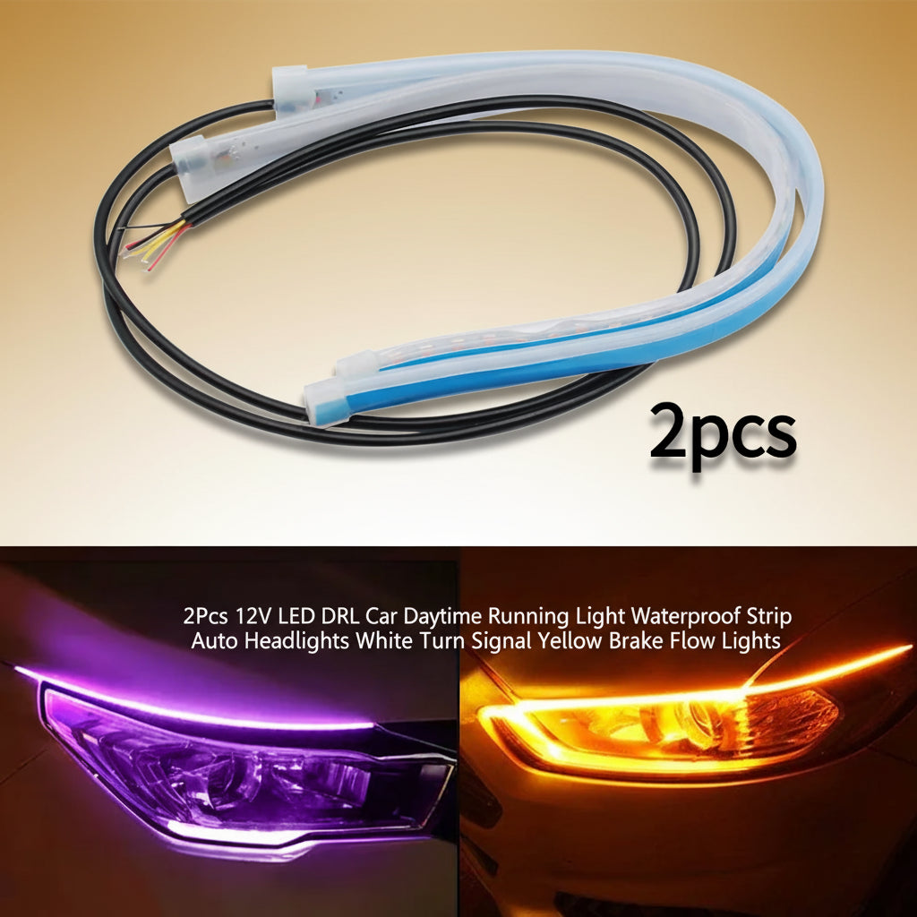 2Pcs 12V LED DRL Car Daytime Running Light Flexible Waterproof Strip Auto Headlights White Turn Signal Yellow Brake Flow Lights