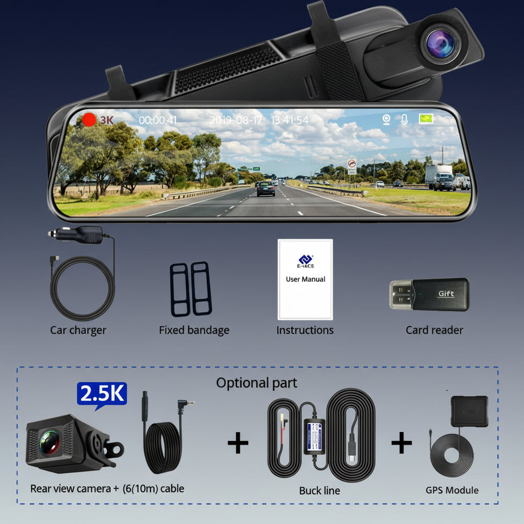 3K+2.5K DVR Mirror for 10"Dash Cam Recorder Optional Rear Camera Night Vision Hisllicon Chip GPS WIFI 24H Parking Monitor