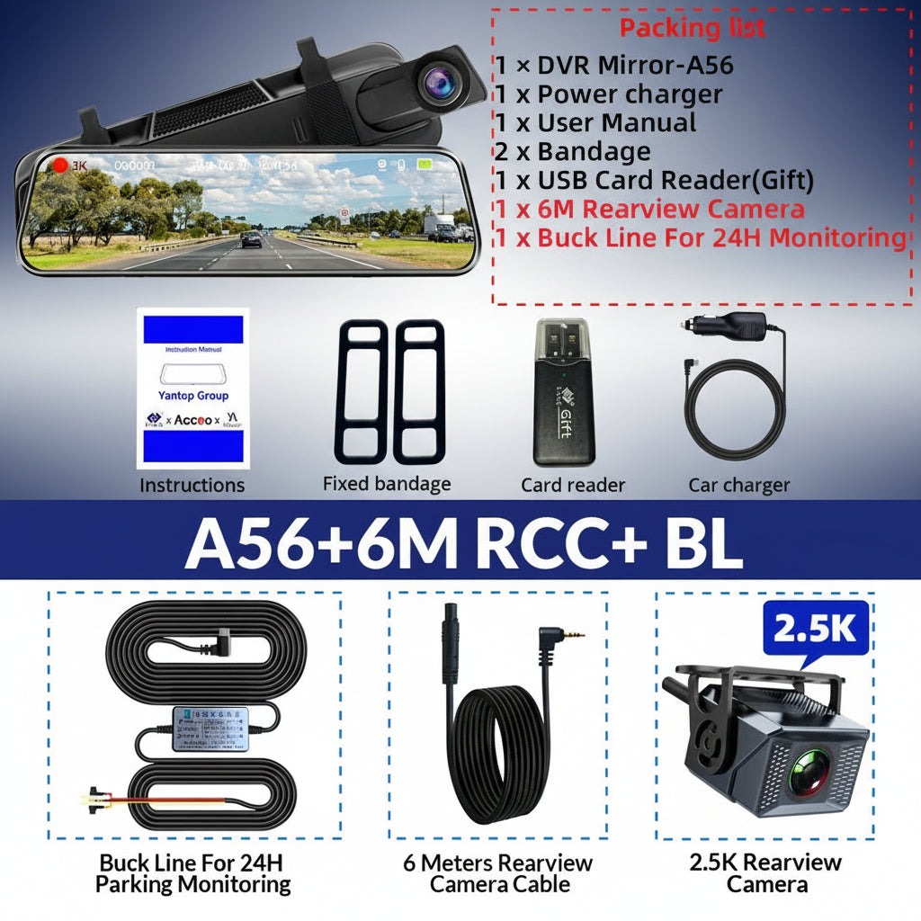 3K+2.5K DVR Mirror for 10"Dash Cam Recorder Optional Rear Camera Night Vision Hisllicon Chip GPS WIFI 24H Parking Monitor
