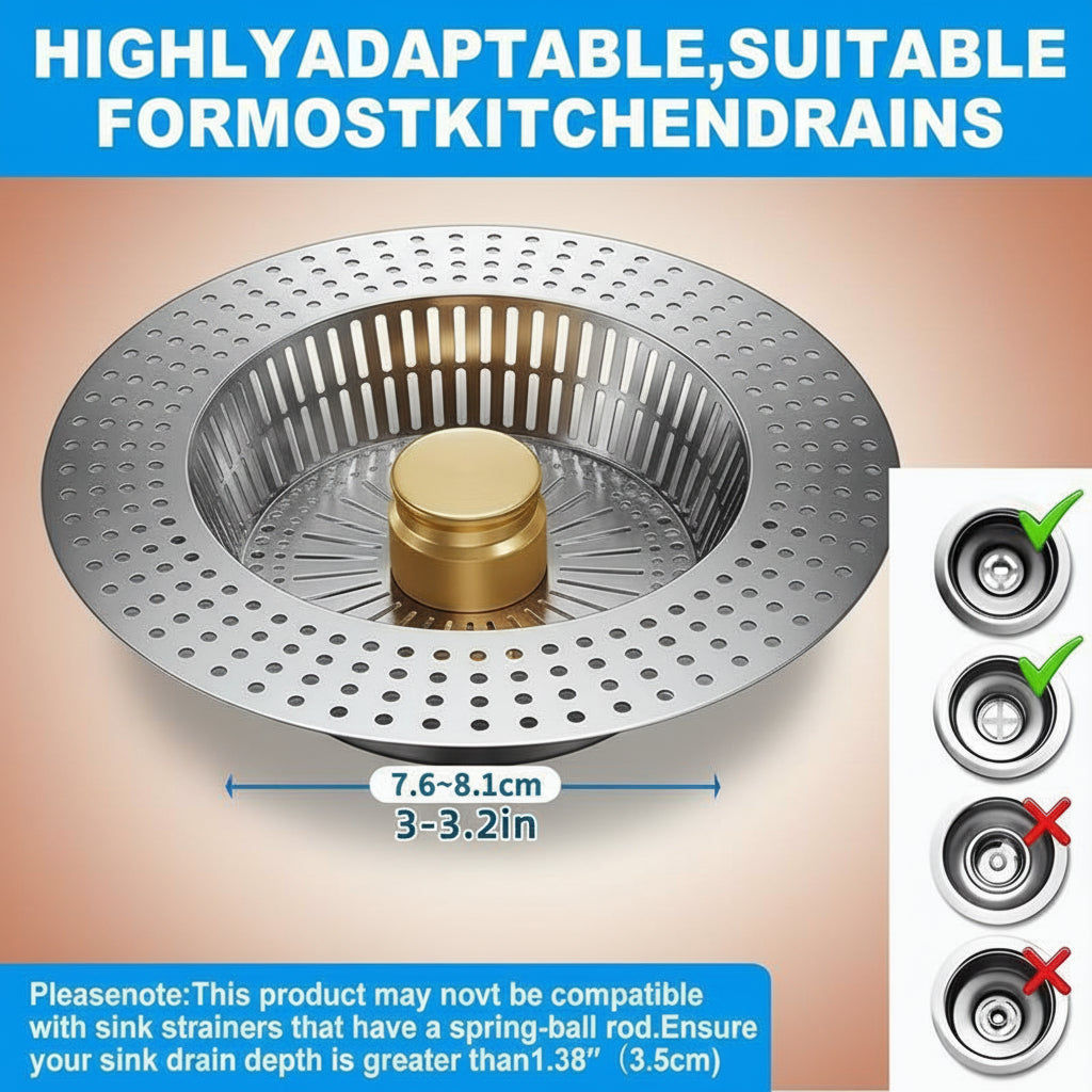 3 in 1 Kitchen Sink Drain Strainer,Universal Stainless Steel Kitchen Sink Stopper, Pop up Anti-Clogging for 3-1/2 Inch US Standard Sink Drain Strainer