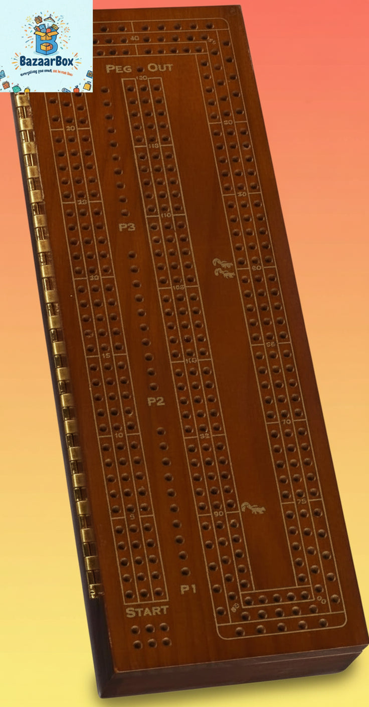 3 Player Wood Cribbage Set - Easy Grip Pegs and 2 Decks of Cards inside of Board - Walnut Stained