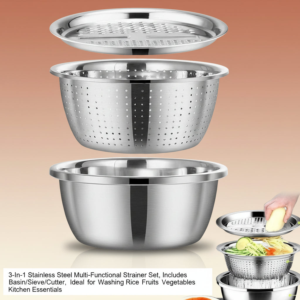 3-In-1 Stainless Steel Multi-Functional Strainer Set, Includes Basin/Sieve/Cutter, Ideal for Washing Rice Fruits Vegetables Kitchen Essentials