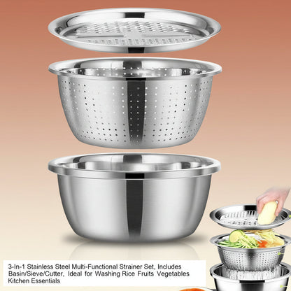 3-In-1 Stainless Steel Multi-Functional Strainer Set, Includes Basin/Sieve/Cutter, Ideal for Washing Rice Fruits Vegetables Kitchen Essentials