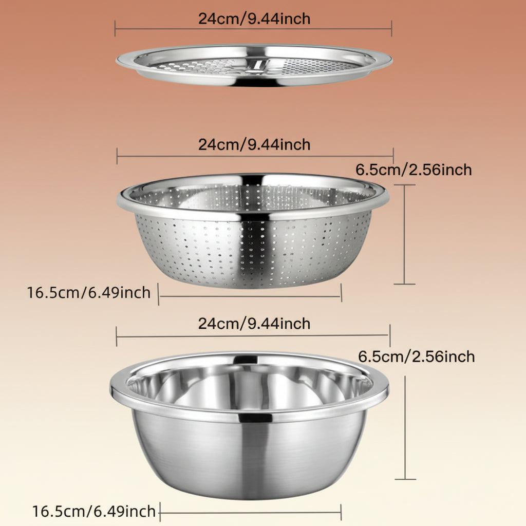 3-In-1 Stainless Steel Multi-Functional Strainer Set, Includes Basin/Sieve/Cutter, Ideal for Washing Rice Fruits Vegetables Kitchen Essentials