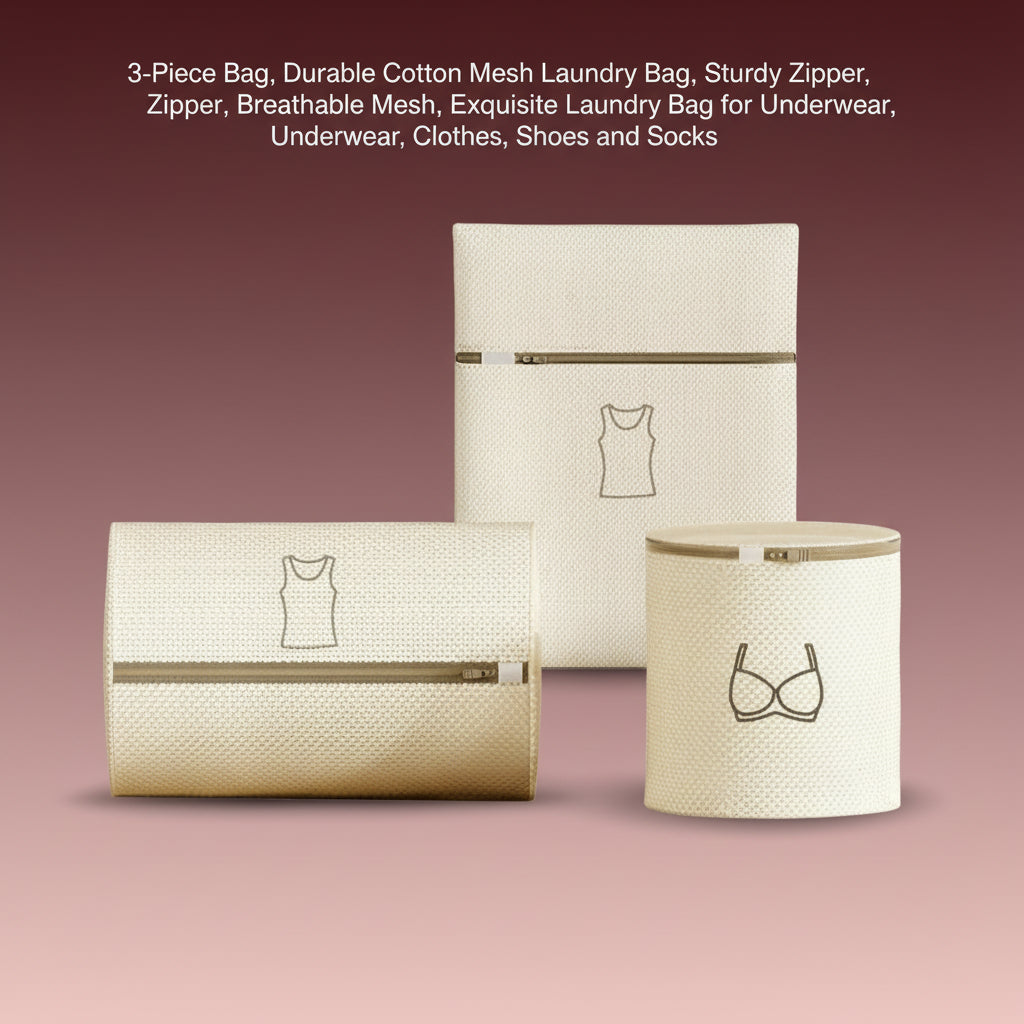 3-Piece Bag, Durable Cotton Mesh Laundry Bag, Sturdy Zipper, Breathable Mesh, Exquisite Laundry Bag for Underwear, Clothes, Pants, Shoes and Socks