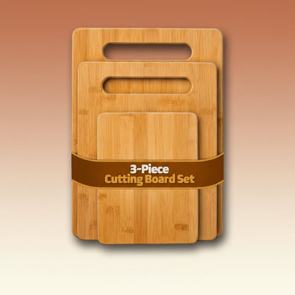 3-Piece Cutting Board Set - Bamboo Wood Chopping Boards with Built-In Hand Grips, Durable & Knife-Safe Wooden Boards for Kitchen Prep & Serving Lightweight