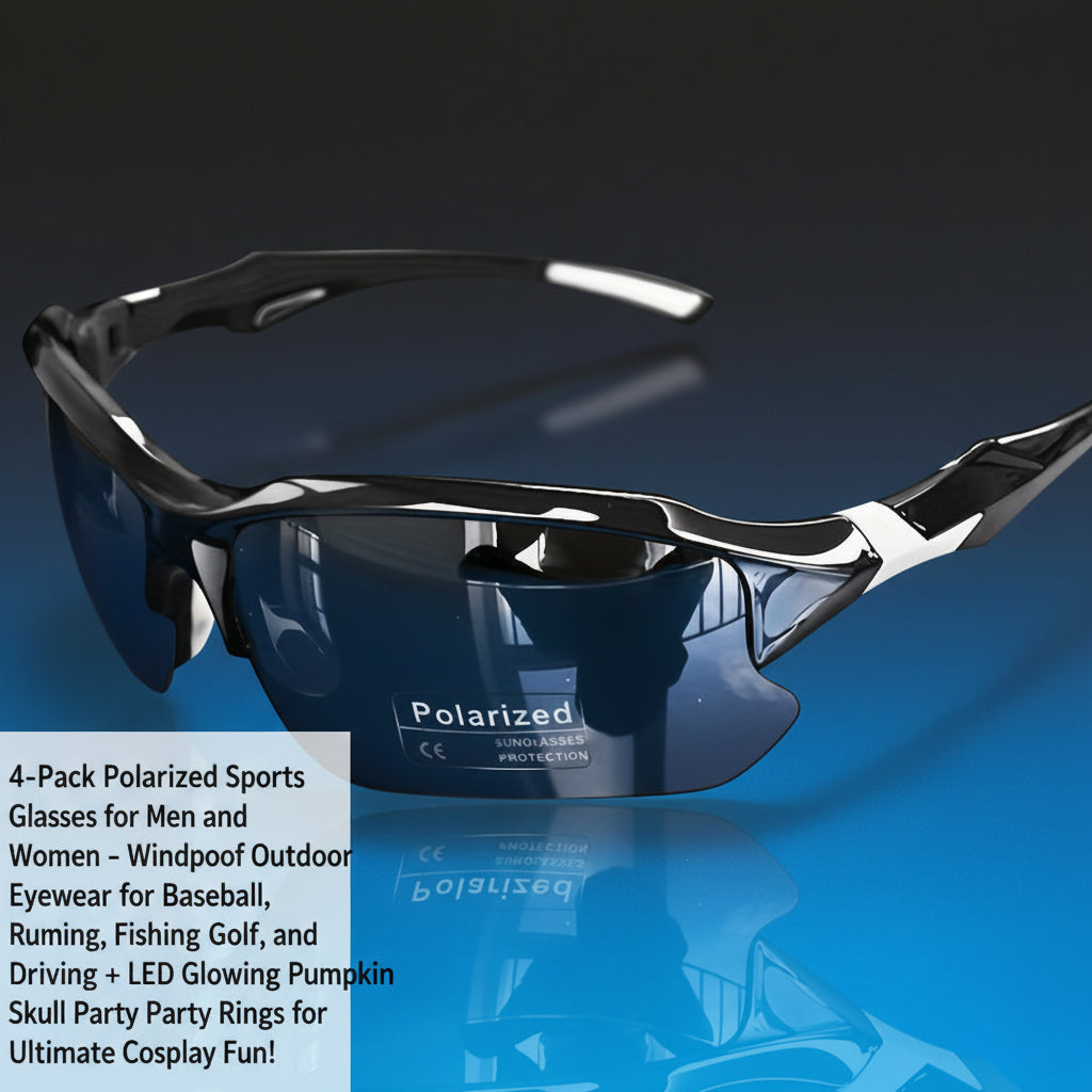4-Pack Polarized Sports Glasses for Men and Women - Windproof Outdoor Eyewear for Baseball, Running, Fishing, Golf, and Driving + LED Glowing Pumpkin Skull Party Rings for Ultimate Cosplay Fun!