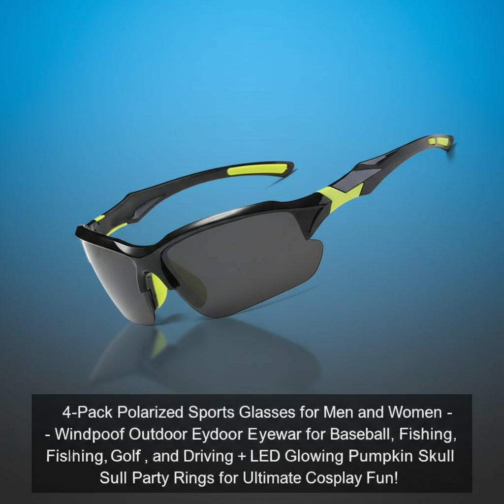 4-Pack Polarized Sports Glasses for Men and Women - Windproof Outdoor Eyewear for Baseball, Running, Fishing, Golf, and Driving + LED Glowing Pumpkin Skull Party Rings for Ultimate Cosplay Fun!