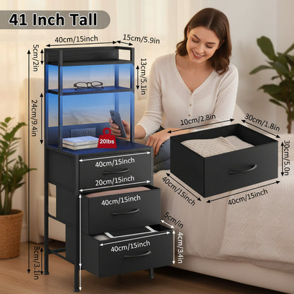 41 Inch Tall Nightstand with Charging Station, Led Night Stand with U-S-B Port & Socket, 3 PU Finished Fabric Storage Drawers, Office, Bedside Table & Bookshelf in One, Black