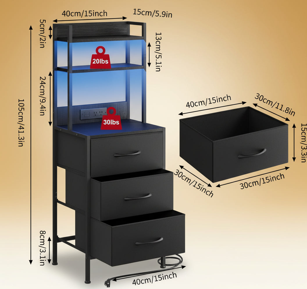 41 Inch Tall Nightstand with Charging Station, Led Night Stand with U-S-B Port & Socket, 3 PU Finished Fabric Storage Drawers, Office, Bedside Table & Bookshelf in One, Black