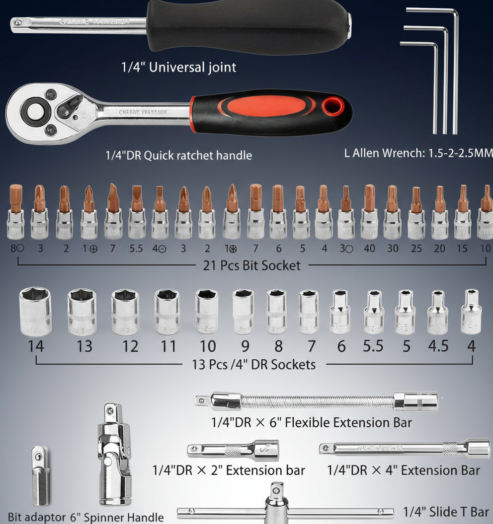 46/53Pcs 1/4 Inch Drive Socket Ratchet Wrench Set, with Bit Socket Set Metric and Extension Bar for Auto Repairing and Household, with Storage Case,Gift for Man,Husband,Springtok Tool Box Hardware