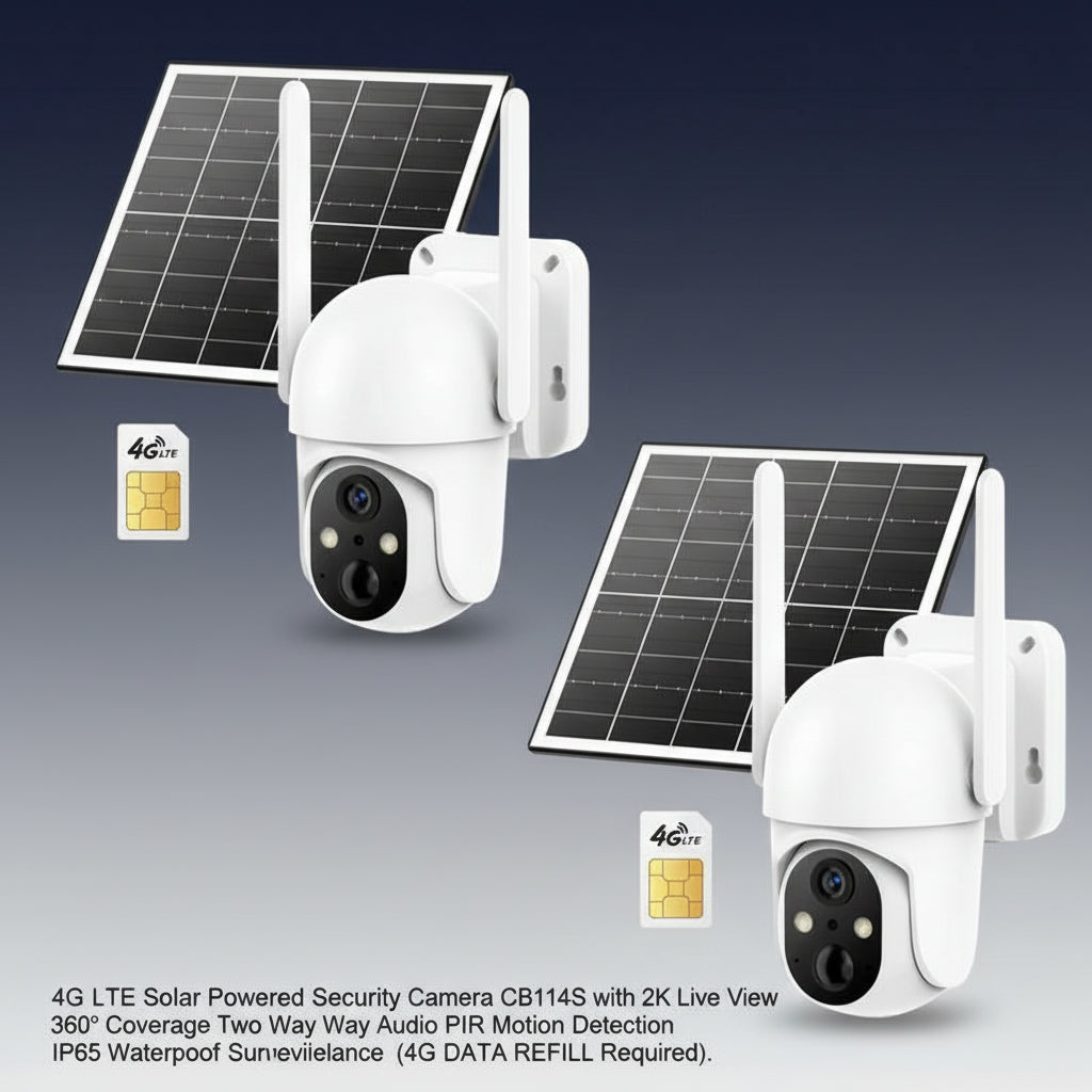 4G LTE Solar Powered Security Camera CB114S with 2K Live View 360° Coverage Two Way Audio PIR Motion Detection IP65 Waterproof Outdoor Surveillance（4G DATA REFILL Required）