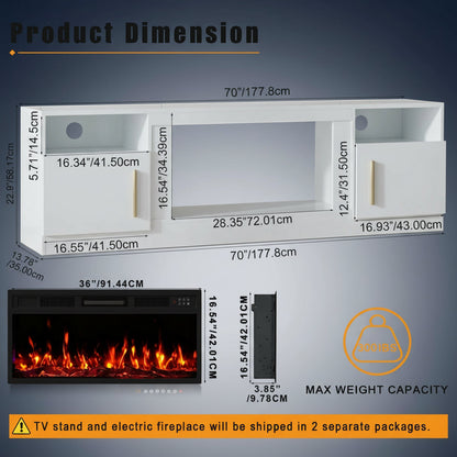 70Inch Cable Management Television Stand with Electric Fireplace, Wood White