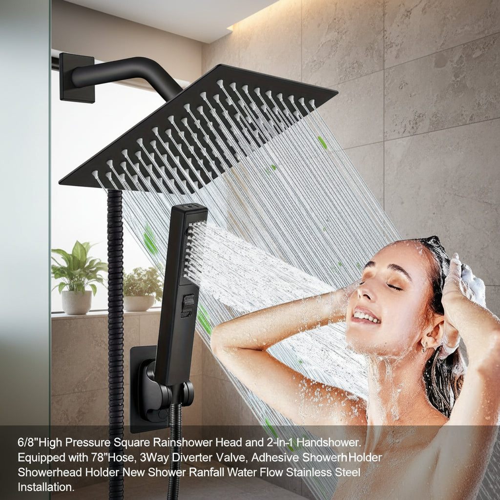 6/8"High Pressure Square Rainshower Head and 2-In-1 Handshower.Equipped with 78"Hose, 3Way Diverter Valve,Adhesive Showerhead Holder New Shower Rainfall Water Flow Stainless Steel Installation