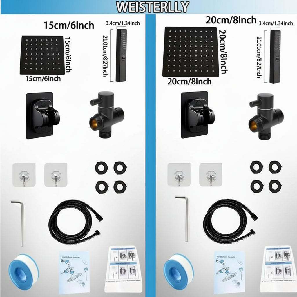 6/8"High Pressure Square Rainshower Head and 2-In-1 Handshower.Equipped with 78"Hose, 3Way Diverter Valve,Adhesive Showerhead Holder New Shower Rainfall Water Flow Stainless Steel Installation
