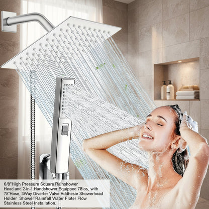 6/8"High Pressure Square Rainshower Head and 2-In-1 Handshower.Equipped with 78"Hose, 3Way Diverter Valve,Adhesive Showerhead Holder New Shower Rainfall Water Flow Stainless Steel Installation