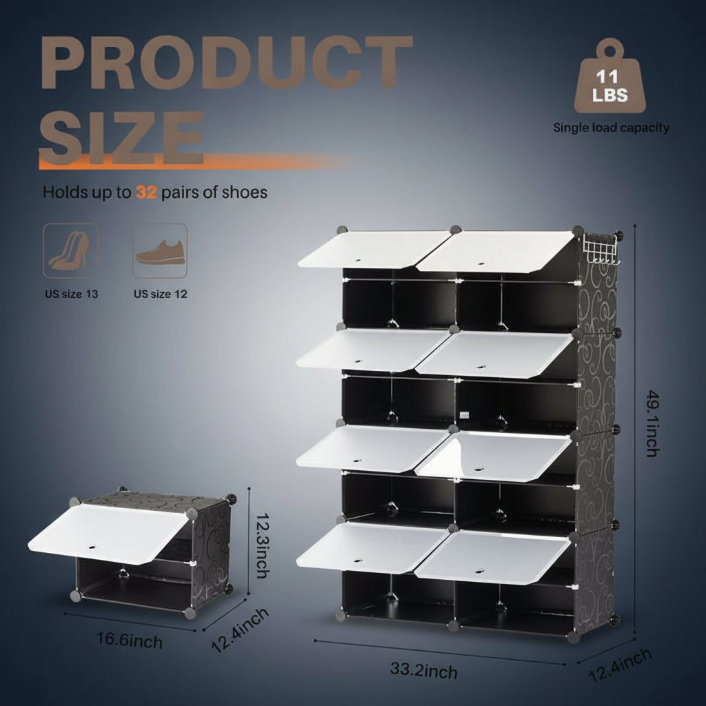 6/8-Tier Shoe Cabinet, 24/32-Tier Capacity, with Side Hooks, Sturdy Metal Frame, and Black and White Plastic Panel Shelves. Suitable for Entryways, Living Rooms, and Walk-In Closets