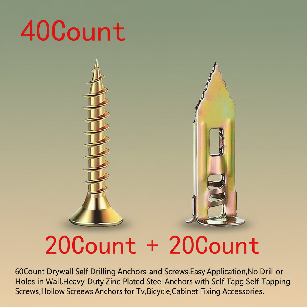 60Count Drywall Self Drilling Anchors and Screws,Easy Application,No Drill or Holes in Wall,Heavy-Duty Zinc-Plated Steel Anchors with Self-Tapping Screws,Hollow Screws and Anchors for Tv,Bicycle,Cabinet Fixing Accessories.