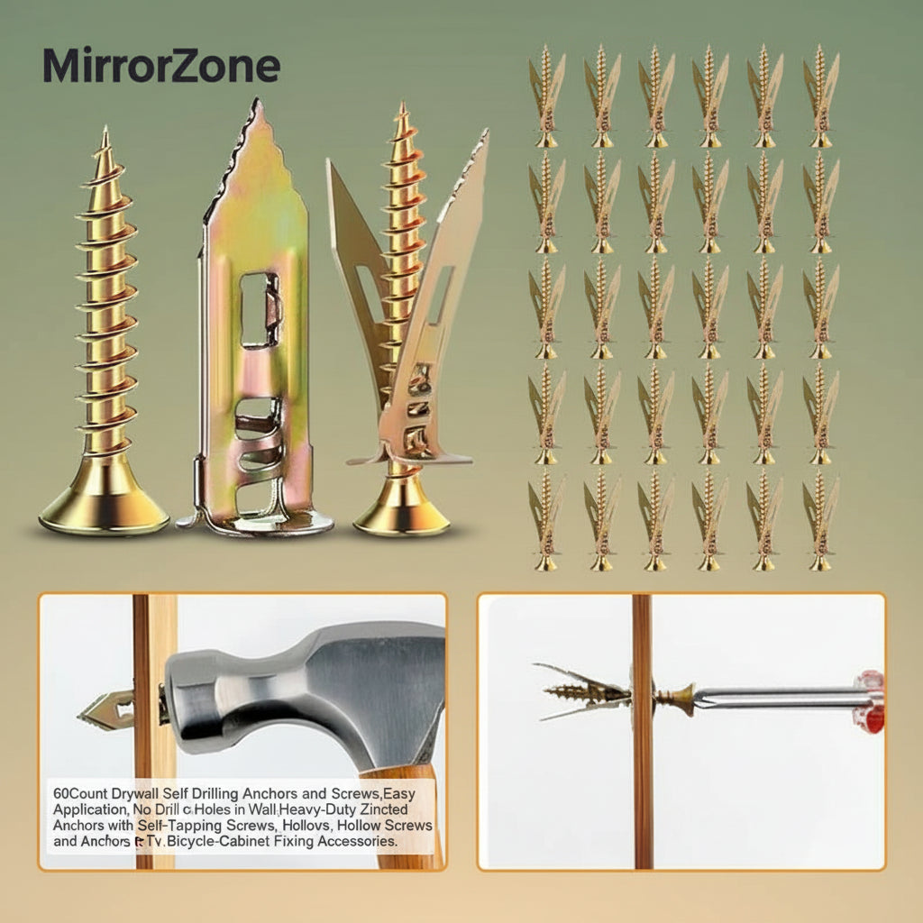 60Count Drywall Self Drilling Anchors and Screws,Easy Application,No Drill or Holes in Wall,Heavy-Duty Zinc-Plated Steel Anchors with Self-Tapping Screws,Hollow Screws and Anchors for Tv,Bicycle,Cabinet Fixing Accessories.